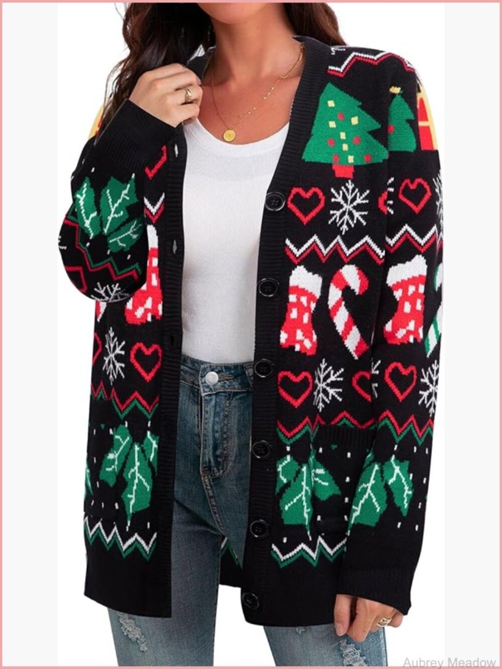 Ugly Christmas Sweater Cardigan Open Front Button Down Knit Coat Holiday